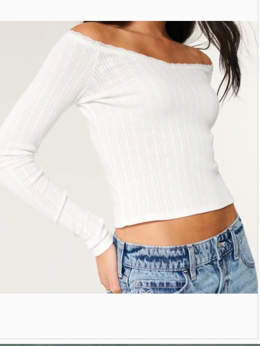 3 for $20 y2k Soft Girl Lace Trim Hollister Pointelle Fitted Top (XS) White